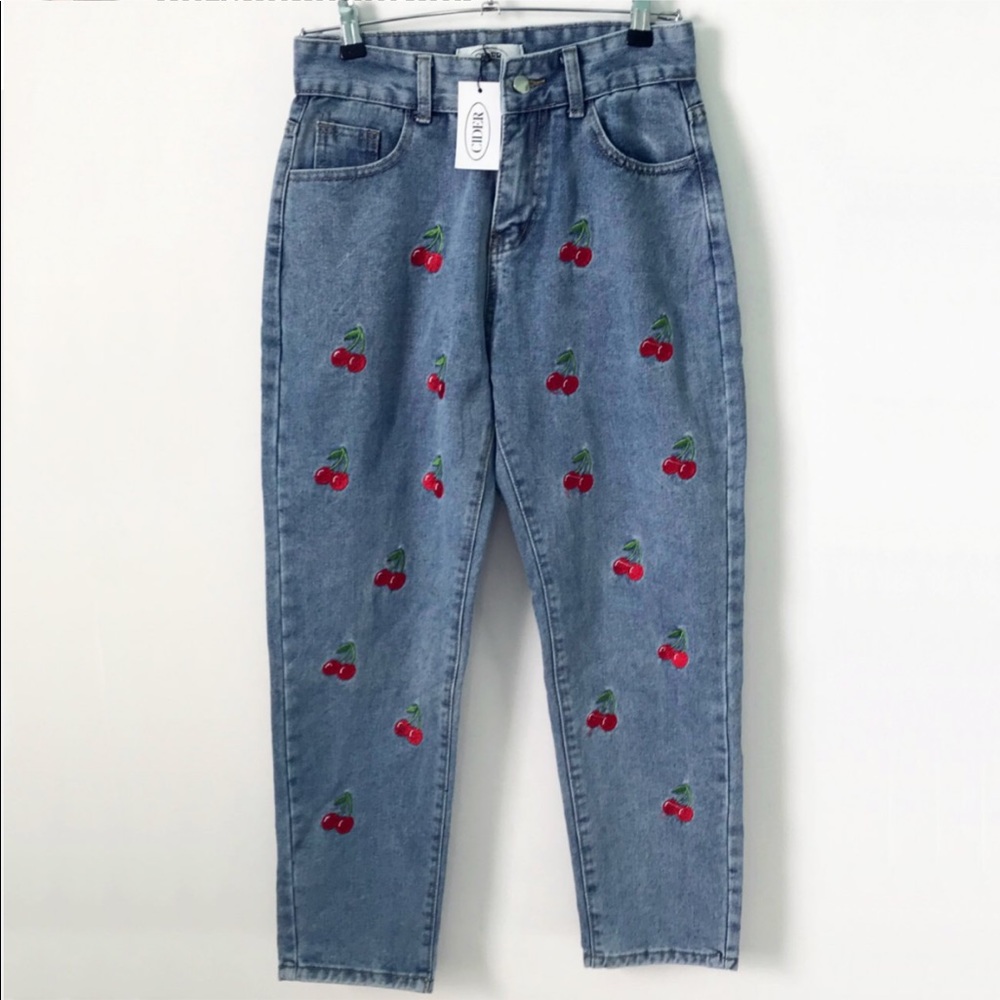 Cider Cherry Print Embroidered High Rise Jeans